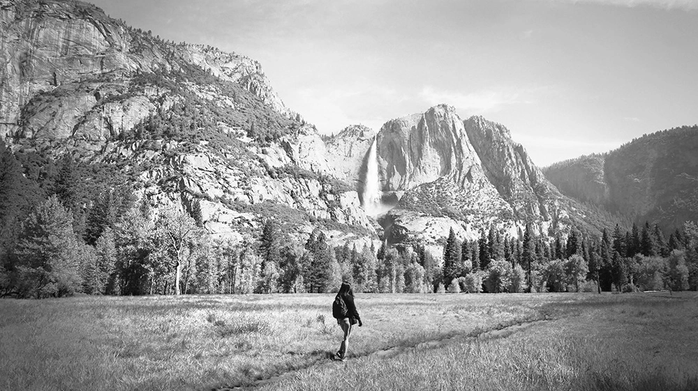 Photo of Chickee walking towards the Yosemite Falls.